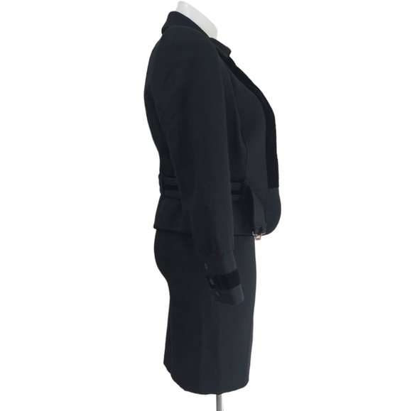 Zara Black Wool Blend Skirt Suit Belted Jacket Velvet Trim Sz Small - Picture 10 of 10